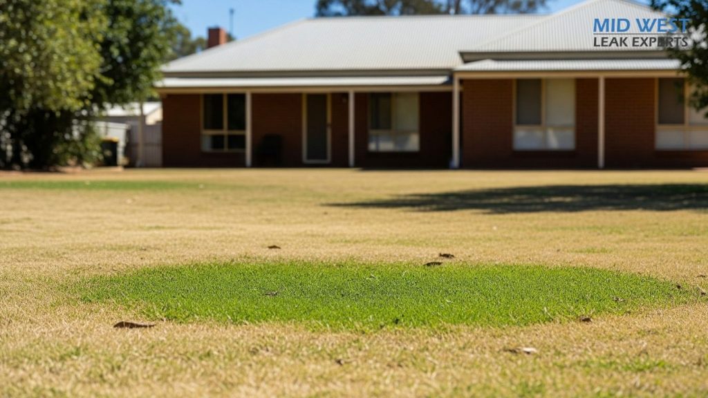 a green circle in the grass in front of a house caused by water leaking underground